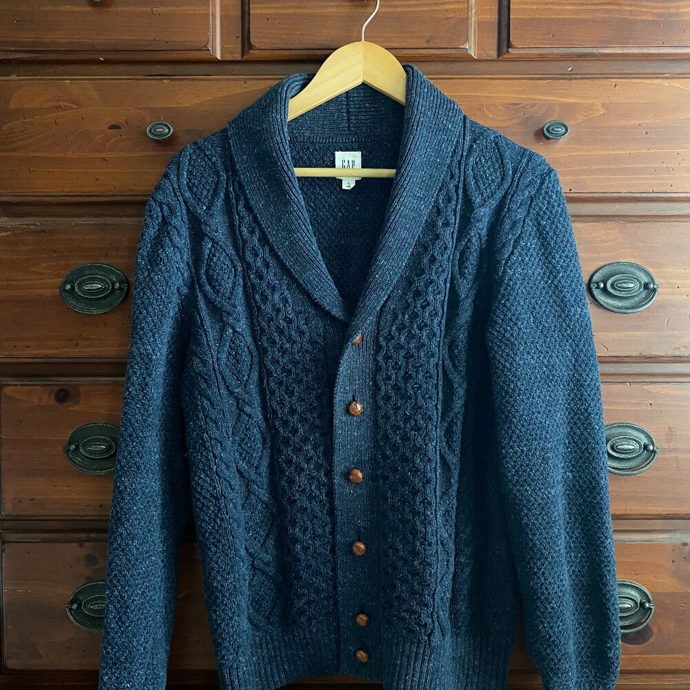 Gap Navy shawl collar cardigan with updated leather buttons